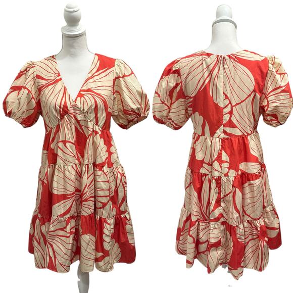 Hutch Dresses & Skirts - Hutch Coral Plumeria Print Puff Sleeve Tiered V-Neck Mini Dress Preppy Coastal